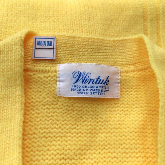 Vintage 1960s Bright Yellow Sleeveless Belted Knit Cardigan Sweater Vest Pockets - Picture 11 of 11